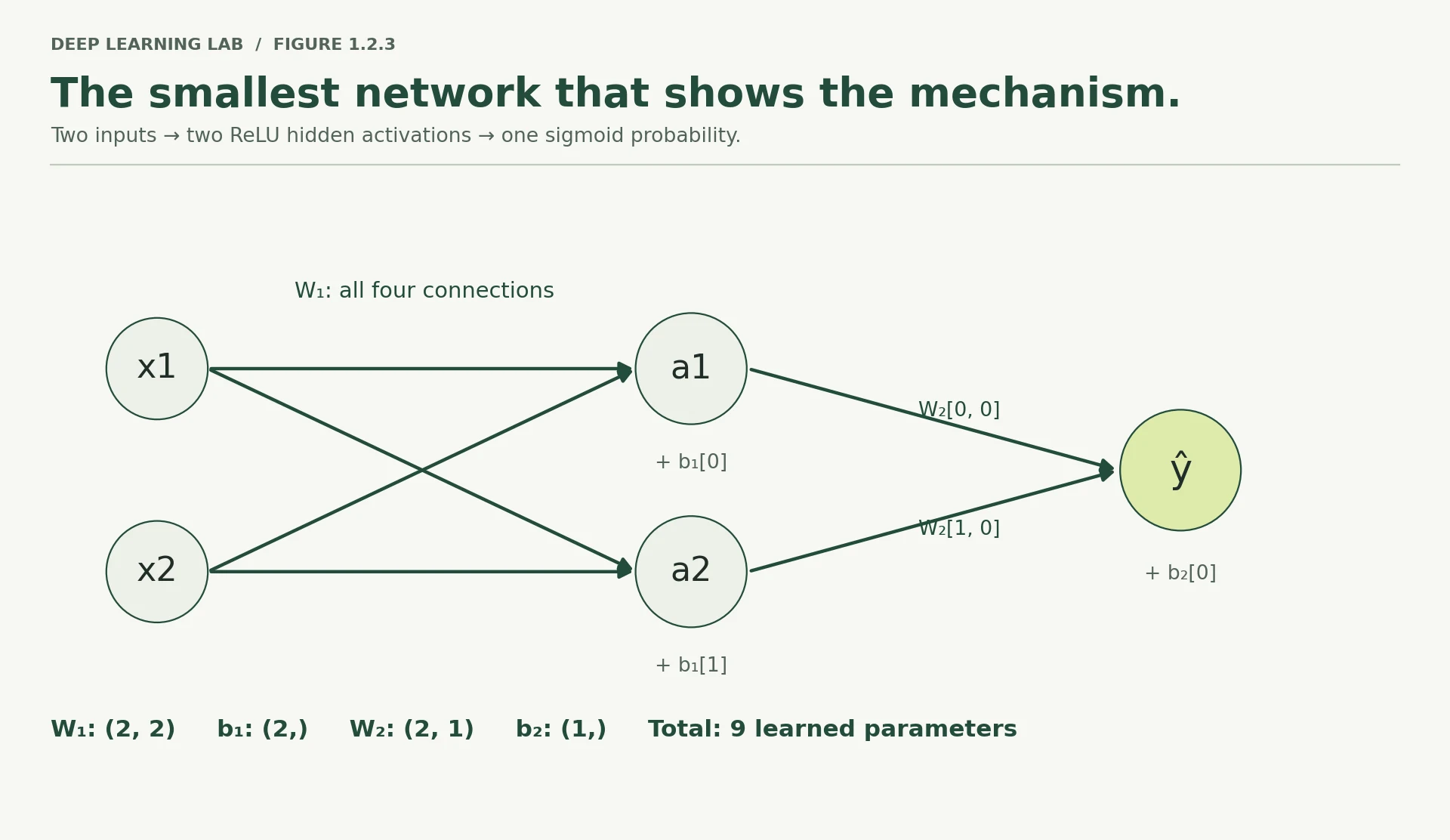 Two input nodes connect fully to two ReLU hidden nodes, which connect to one sigmoid output. W1 has four weights, b1 two biases, W2 two weights and b2 one bias: nine parameters.