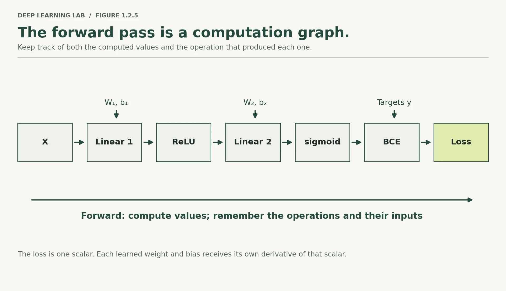 Inputs pass through two linear transformations separated by ReLU, then sigmoid, binary cross-entropy and scalar loss. Weights and biases enter the linear operations, targets enter the loss. A forward arrow shows computation from input to loss.