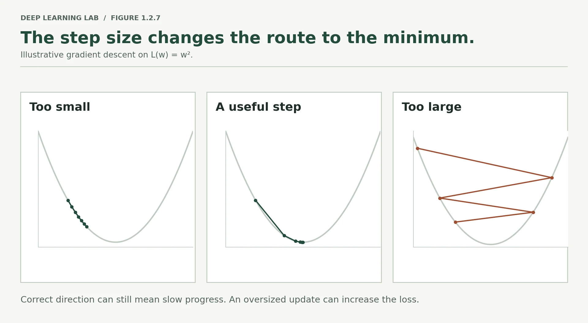 Three quadratic loss panels show tiny steps toward zero, effective steps converging to zero, and overshooting steps whose loss increases on alternating sides.