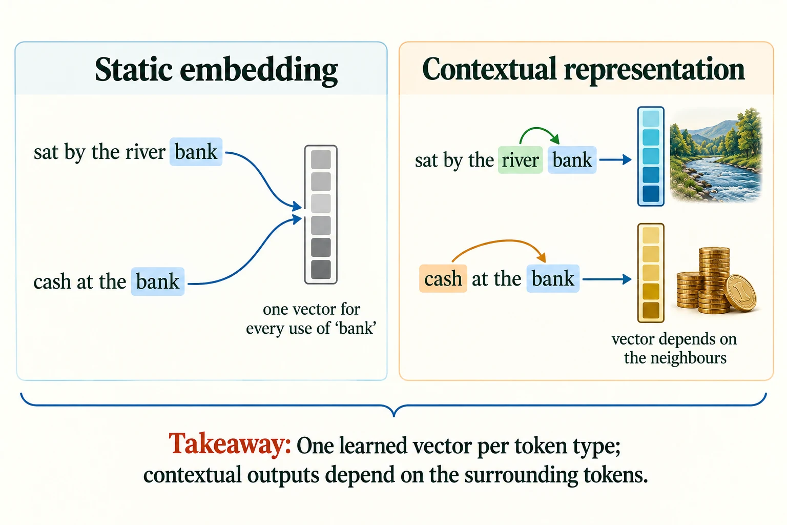Static vs. Contextual. A static table returns the same vector for a token type in every sentence.