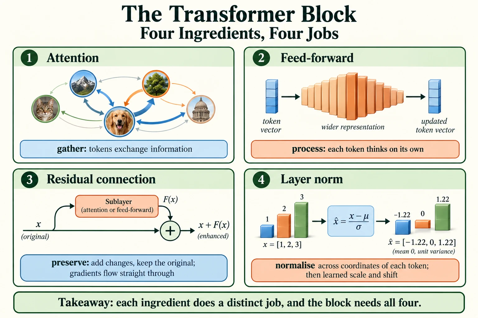 Four Ingredients, Four Jobs. Attention gathers across allowed positions, the feed-forward network transforms each position, residual addition preserves a direct path, and LayerNorm standardises coordinates within each token before learned scale and shift.
