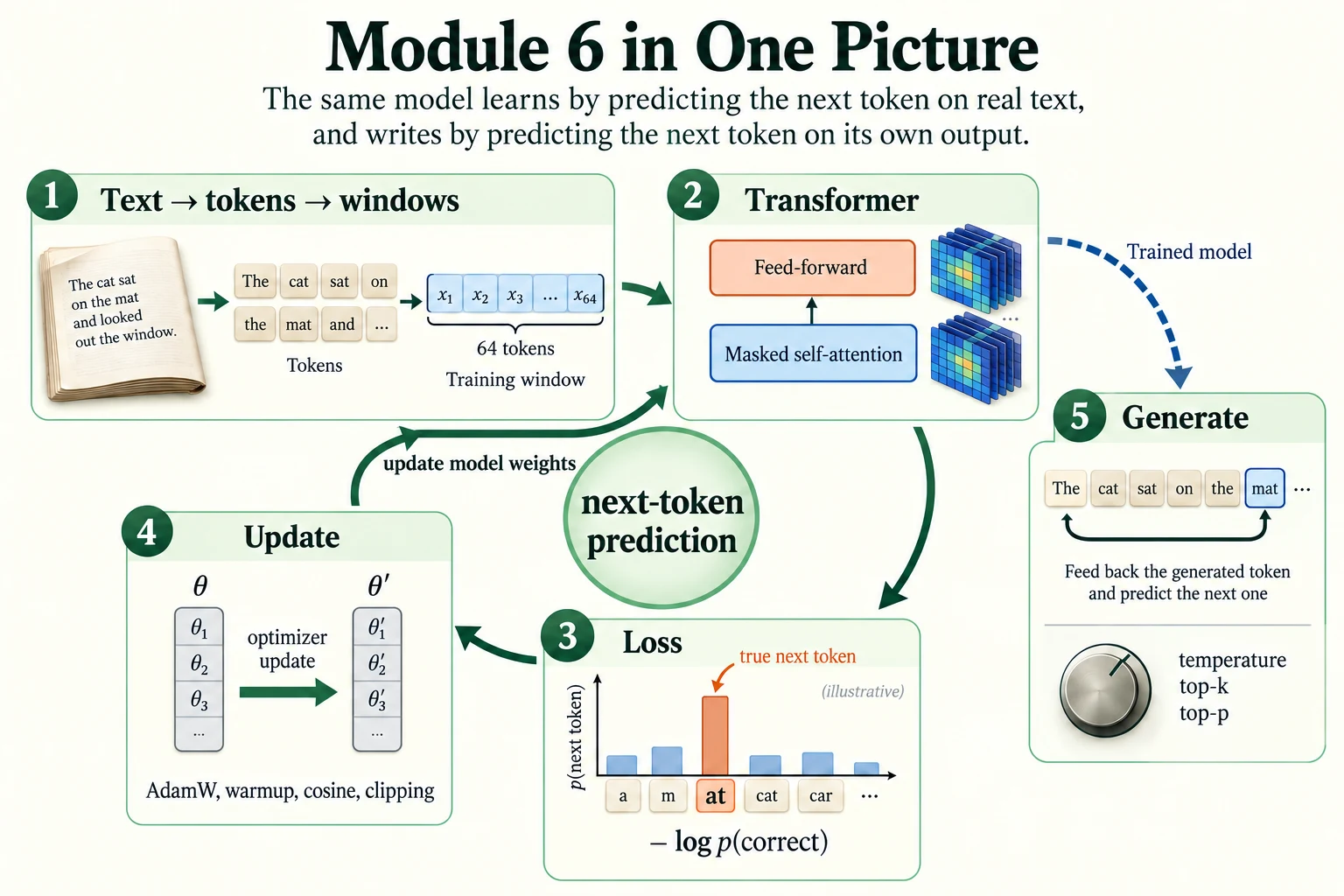 Module 6 in One Picture. The training loop predicts real next tokens, measures loss and updates model weights.