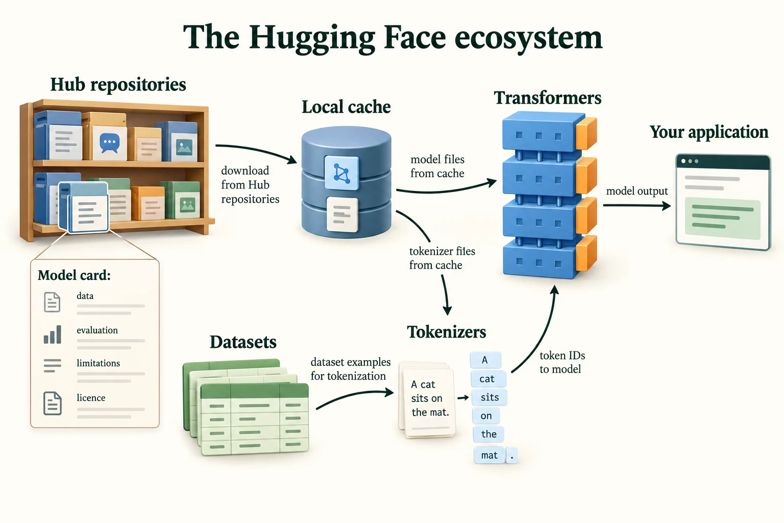 The Hugging Face Ecosystem. The Hub and local cache supply compatible artifacts. Tokenizers, Datasets and Transformers serve different stages of the application; cards supply evidence to inspect.