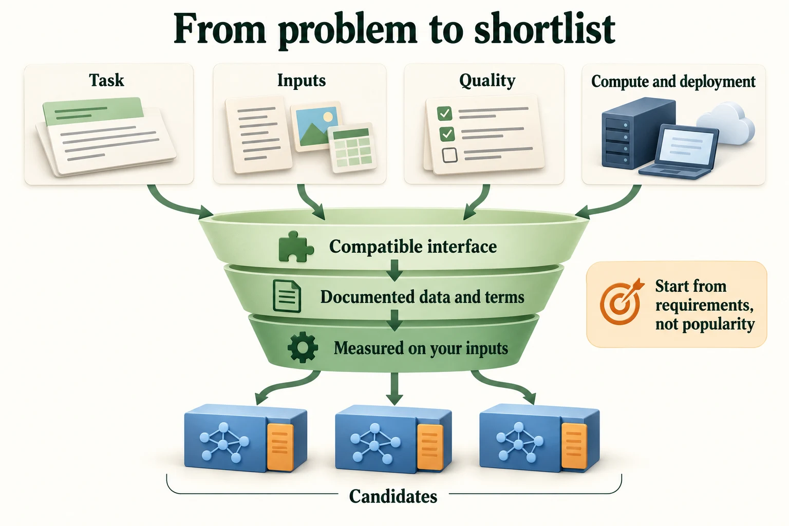 From Problem to Shortlist. Requirements narrow a shortlist; documentation and representative evaluation determine whether a candidate actually fits. Popularity and parameter count alone do not decide.
