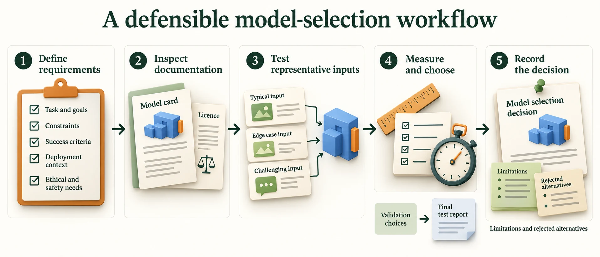 The Model-Selection Workflow. Requirements, documentation, representative inputs, validation choices and final reporting belong in a recorded process. Repeated selection on a test sample requires a new final test.