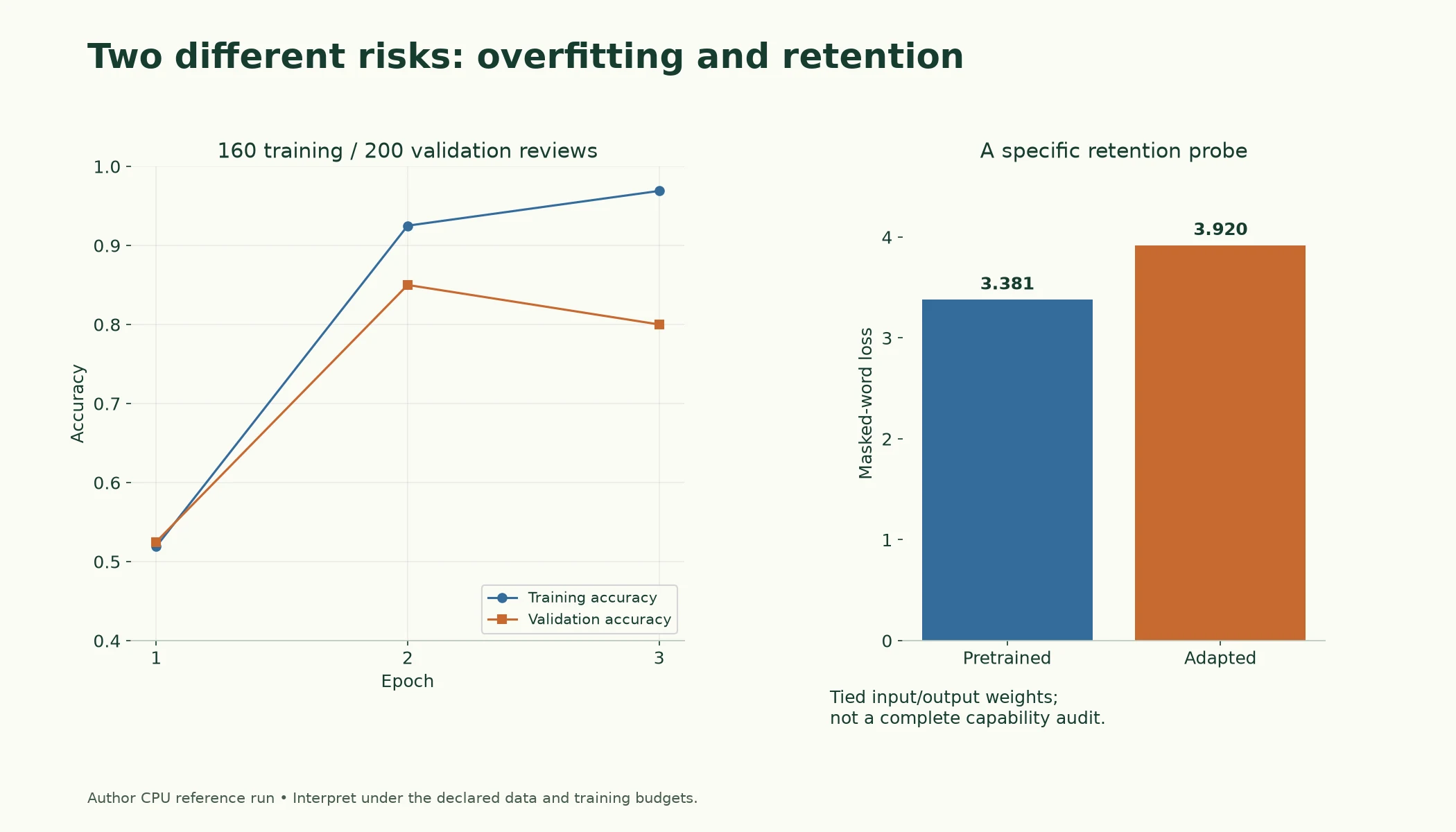 Two Ways Fine-Tuning Goes Wrong. Source small-run measurements illustrate an overfitting warning and degraded masked-word retention. The retention experiment uses a tied output projection and is not a complete capability audit.