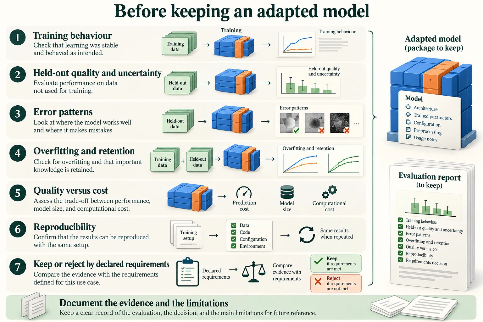 Seven Questions Before Keeping a Model. Evaluation combines training behaviour, held-out metrics, errors, retention, costs, reproducibility and the application decision. A p-value alone does not settle suitability.